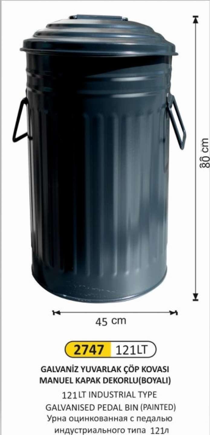 GALVANİZ ÇÖP KOVASI BOYALI 5 NO MANUEL KAPAKLI 127 LİTRE 44x80 CM