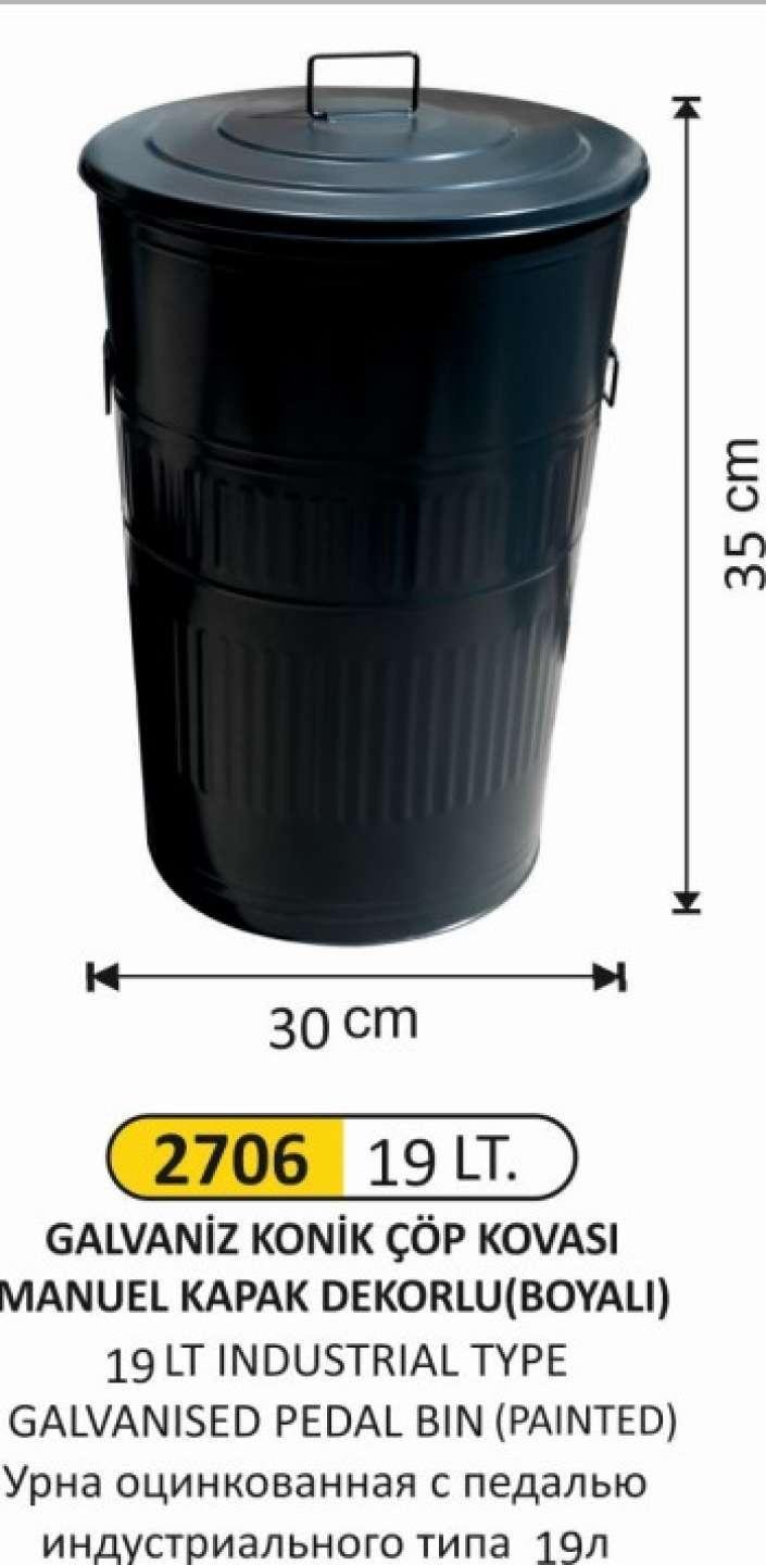 GALVANİZ ÇÖP KOVASI MİNİ BOYALI KONİK 19 LT MANUEL KAPAKLI 30x35