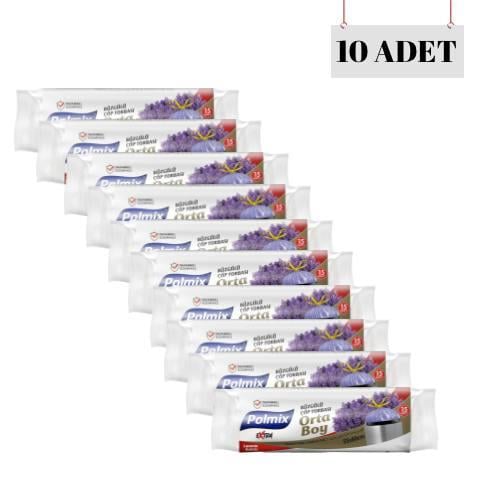 POLMİX 55*60 BÜZGÜLÜ LAVANTA KOKULU ORTA BOY ÇÖP POŞETİ (10 ADET)