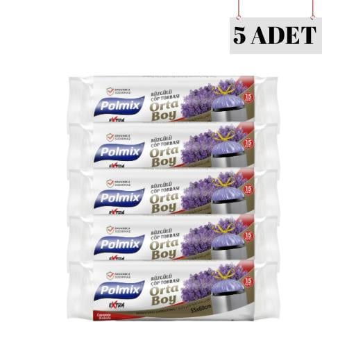 POLMİX 55*60 BÜZGÜLÜ LAVANTA KOKULU ORTA BOY ÇÖP POŞETİ (5 ADET)
