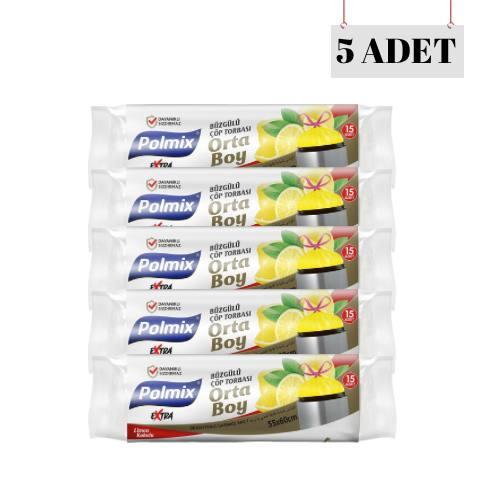 POLMİX 55*60 BÜZGÜLÜ LİMON KOKULU ORTA BOY ÇÖP POŞETİ (5 ADET)