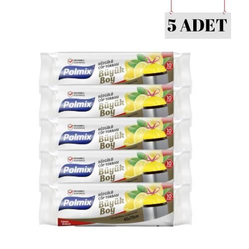 POLMİX 65*70 BÜZGÜLÜ LİMON KOKULU BÜYÜK ÇÖP POŞETİ (5 ADET)