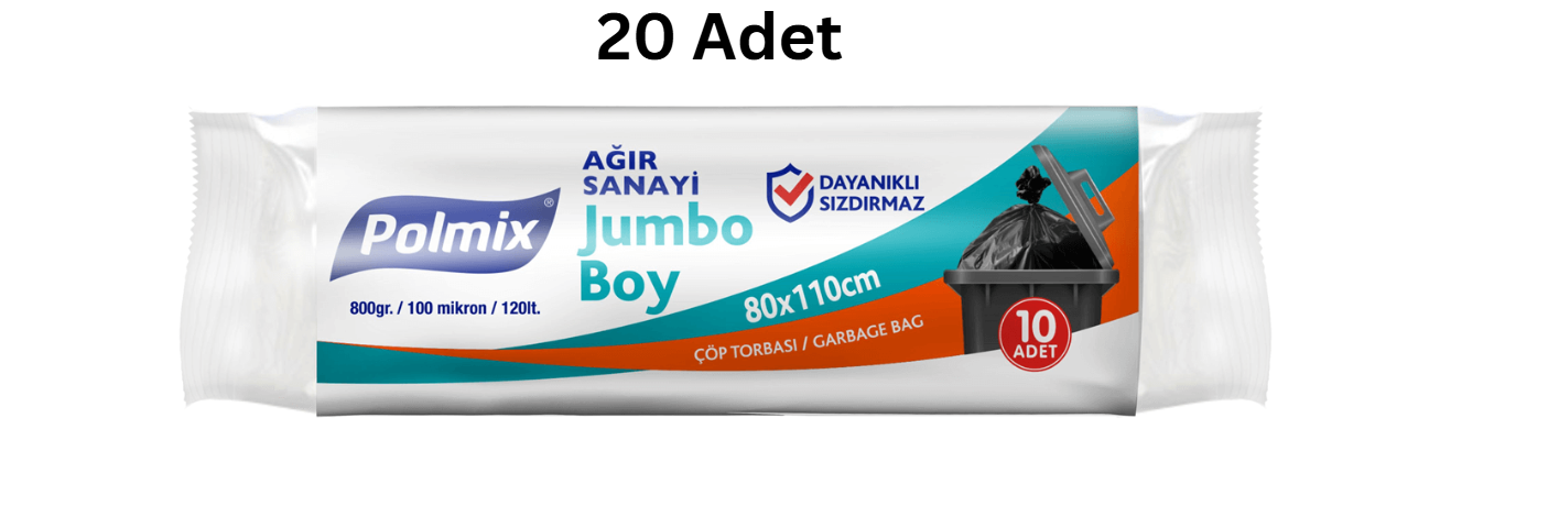 POLMİX ENDÜSTRİYEL JUMBO 80X110 BOY SİYAH ÇÖP POŞETİ 800'GR (20 ADET)