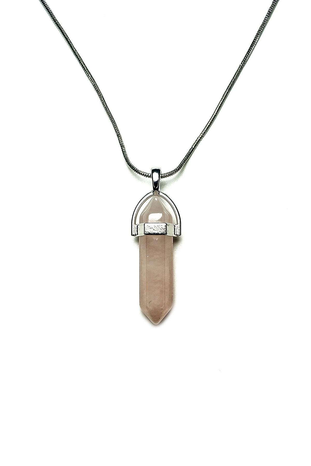 Taşlı Çelik KolyeJKMA21019 ÇELİK ZİNCİRLİ PEMBE KUVARS DOĞALTAŞ ÇİVİ KOLYEJanti