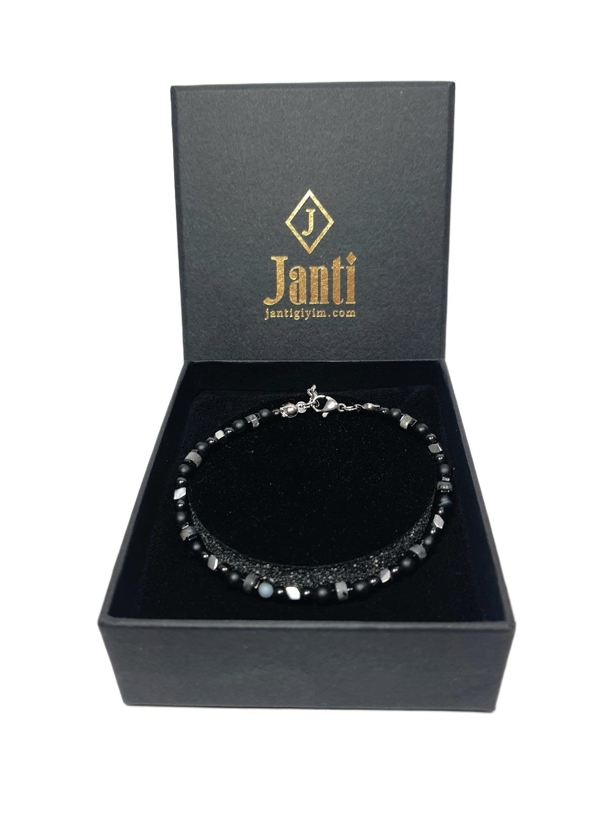 Doğaltaş BileklikJTAW25BLK1608 ONYX HEMATİT DOĞALTAŞ ALAŞIMLI PASLANMAZ METAL SİYAH GARANTİLİ HEDİYE KUTULU JANTİ BİLEKLİKJanti