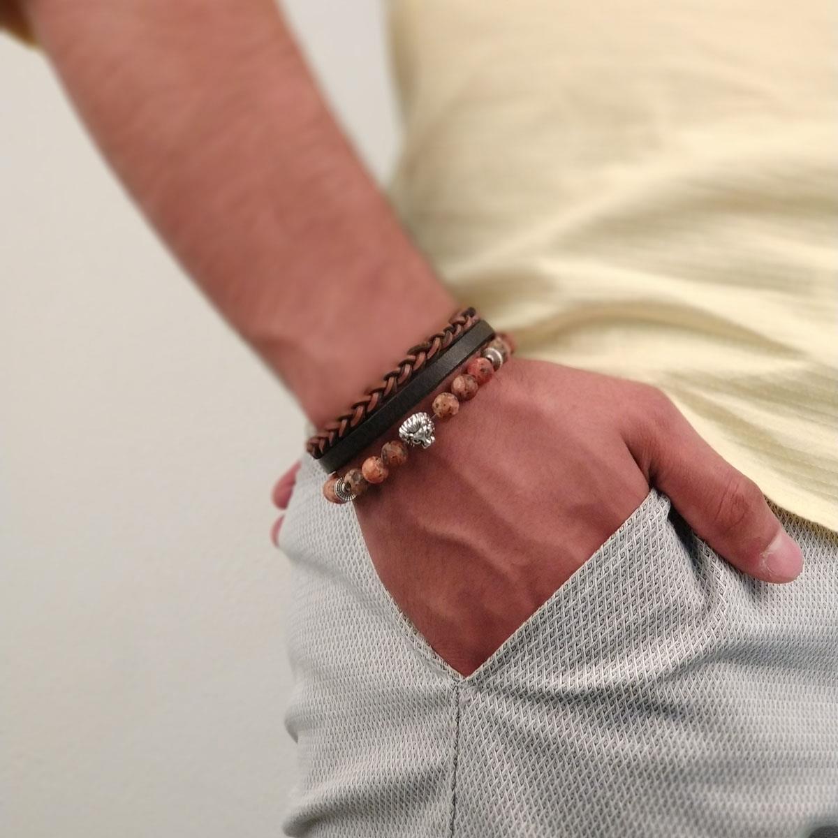 BileklikJTKB19001 JANTİ 2 Lİ KOMBİN DOĞAL TAŞ ve DERİ BİLEKLİK ASLAN FİGÜRJanti