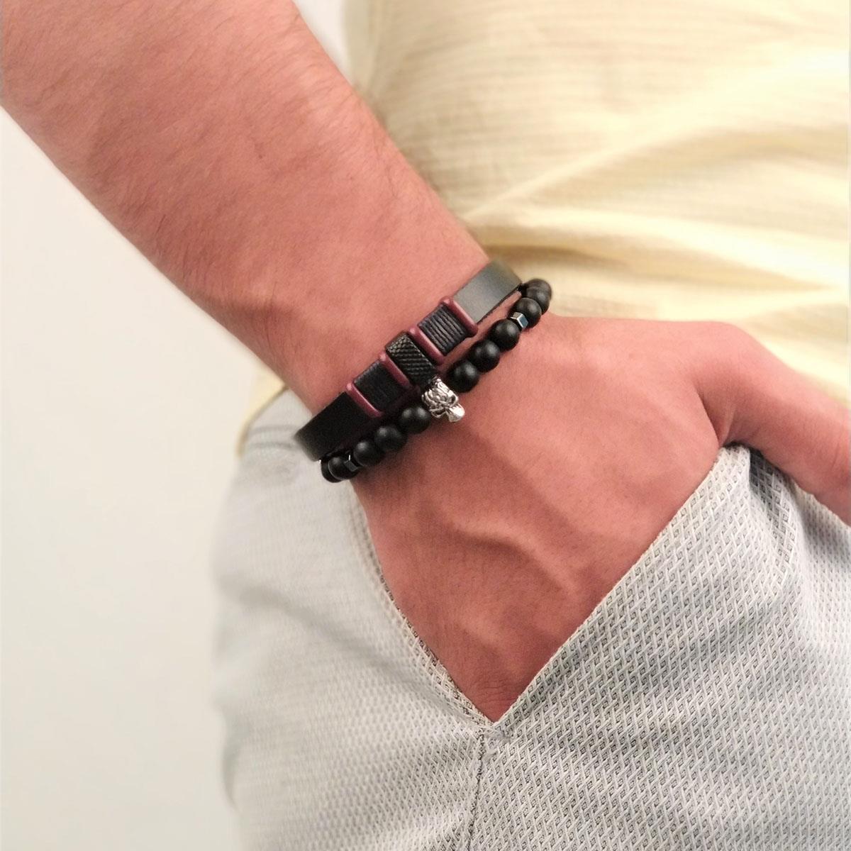 BileklikJTKB19002 JANTİ 2 Lİ KOMBİN DOĞAL TAŞ ve DERİ BİLEKLİK KURU KAFA FİGÜRLÜJanti