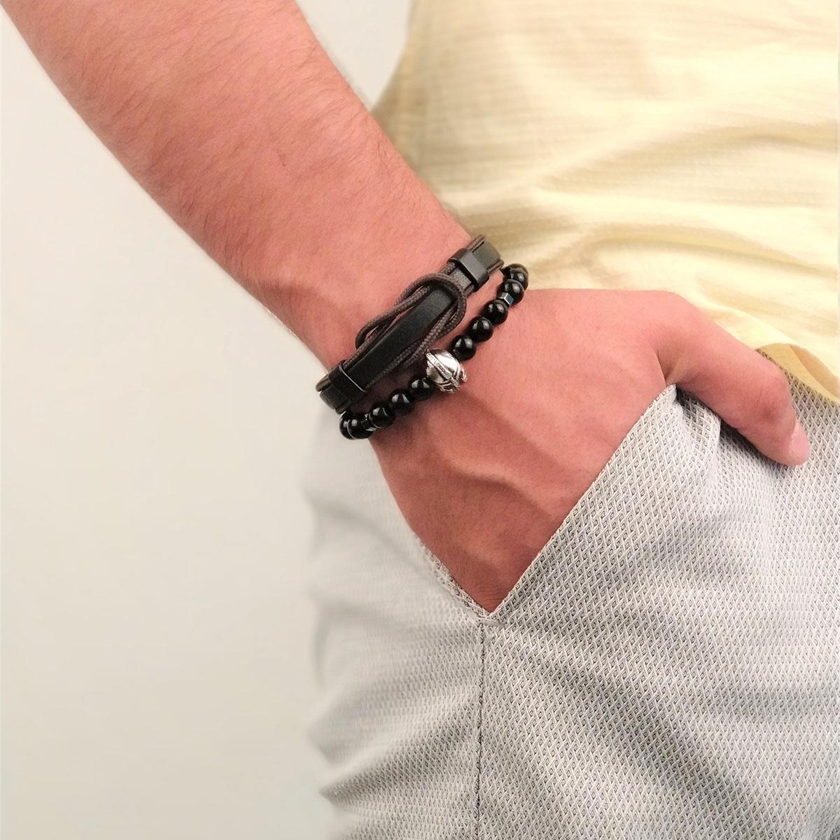 BileklikJTKB19003 JANTİ 2 Lİ KOMBİN DOĞAL TAŞ ve DERİ BİLEKLİK MİĞFER FİGÜRLÜJanti