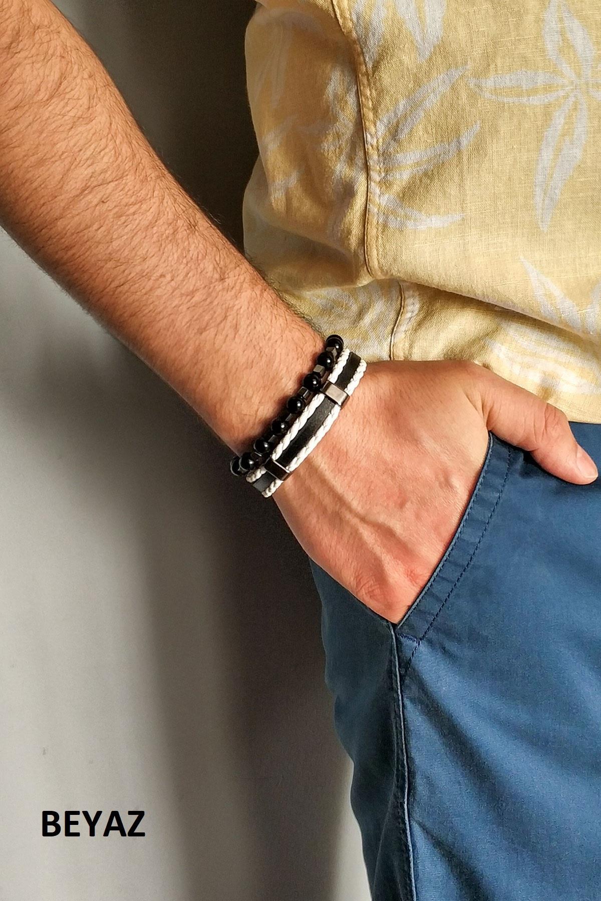 BileklikJTKB19012 DOĞAL TAŞ ve DERİ KOMBİN BİLEKLİKJanti