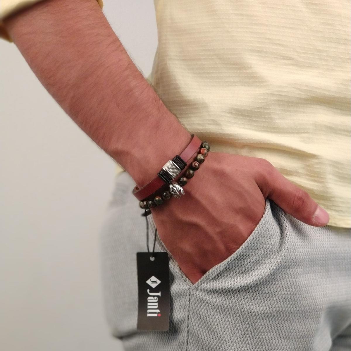 BileklikJTKB19014 JANTİ 2 Lİ KOMBİN DOĞAL TAŞ ve DERİ BİLEKLİK MİĞFER FİGÜRLÜJanti