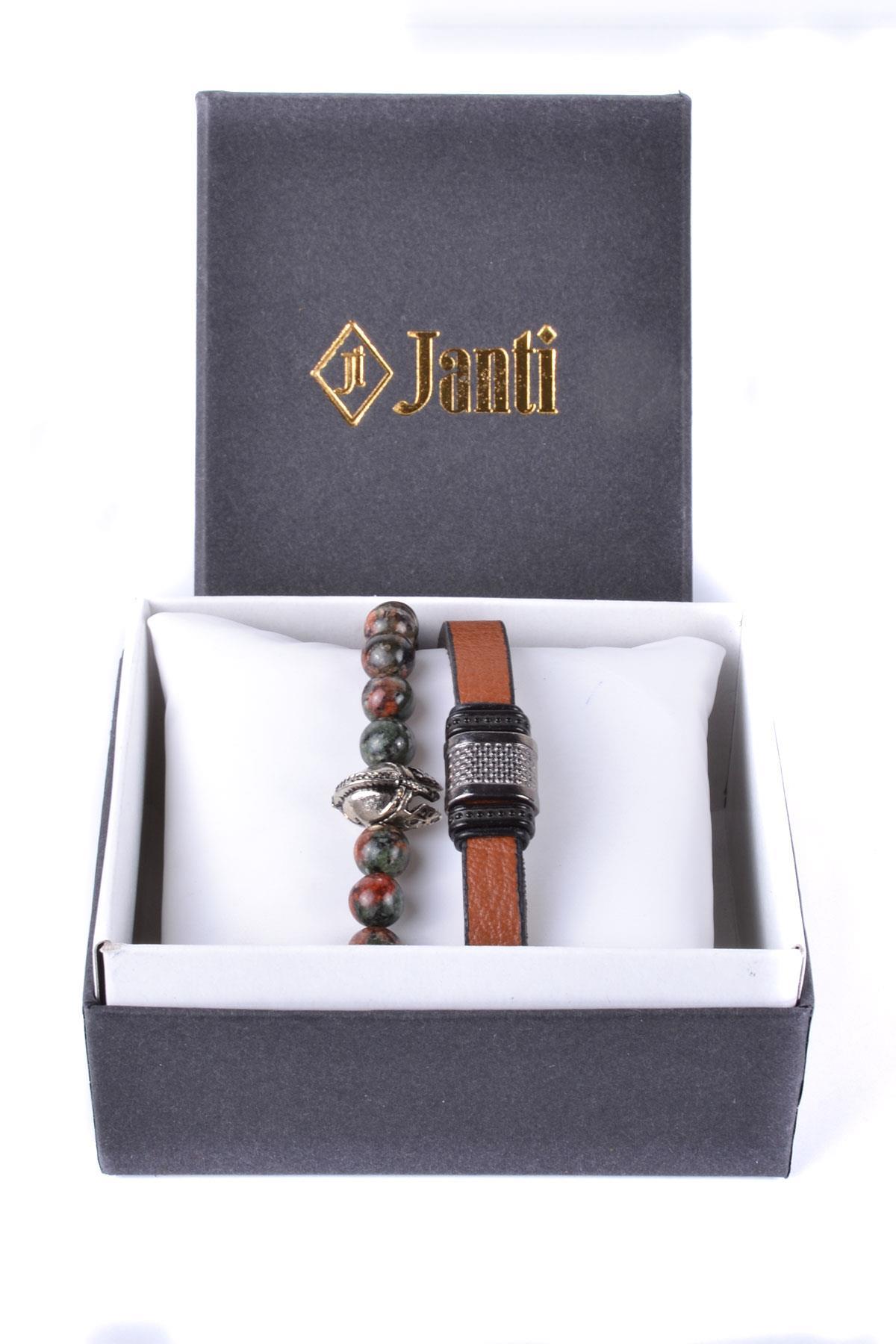 BileklikJTKB19014 JANTİ 2 Lİ KOMBİN DOĞAL TAŞ ve DERİ BİLEKLİK MİĞFER FİGÜRLÜJanti