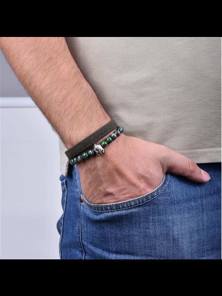 BileklikJTKB19018 JANTİ 2 Lİ KOMBİN DOĞAL TAŞ ve DERİ BİLEKLİK MİĞFER FİGÜRLÜJanti