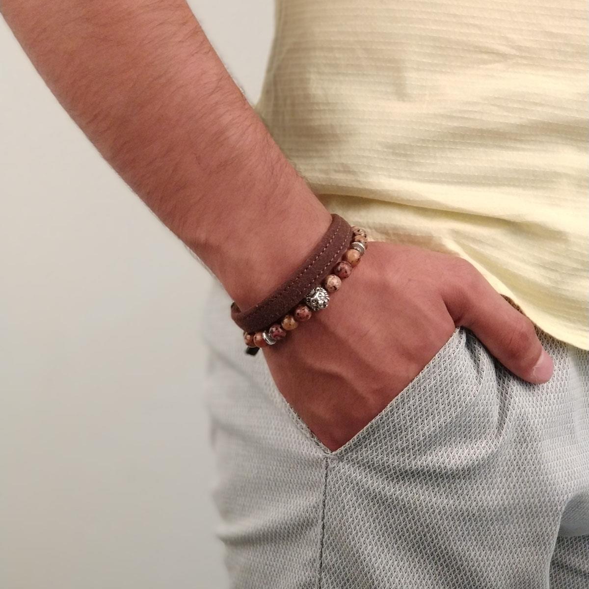 BileklikJTKB19020 JANTİ 2 Lİ KOMBİN DOĞAL TAŞ ve DERİ BİLEKLİK ASLAN FİGÜRLÜJanti