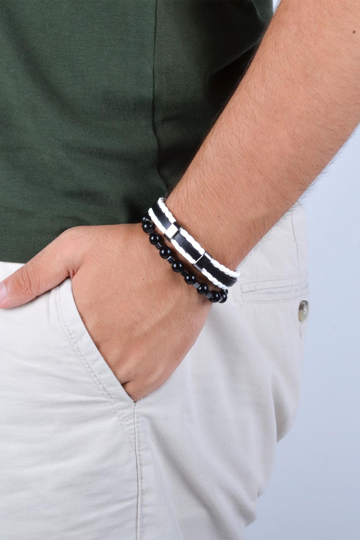 BileklikJTKB20010 JANTİ DOĞAL TAŞ ve DERİ KOMBİN BİLEKLİKJanti