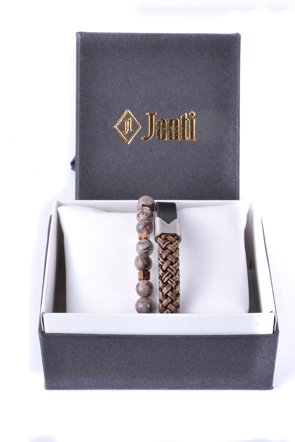 BileklikJTKB20032 JANTİ DOĞAL TAŞ ve DERİ KOMBİN BİLEKLİKJanti