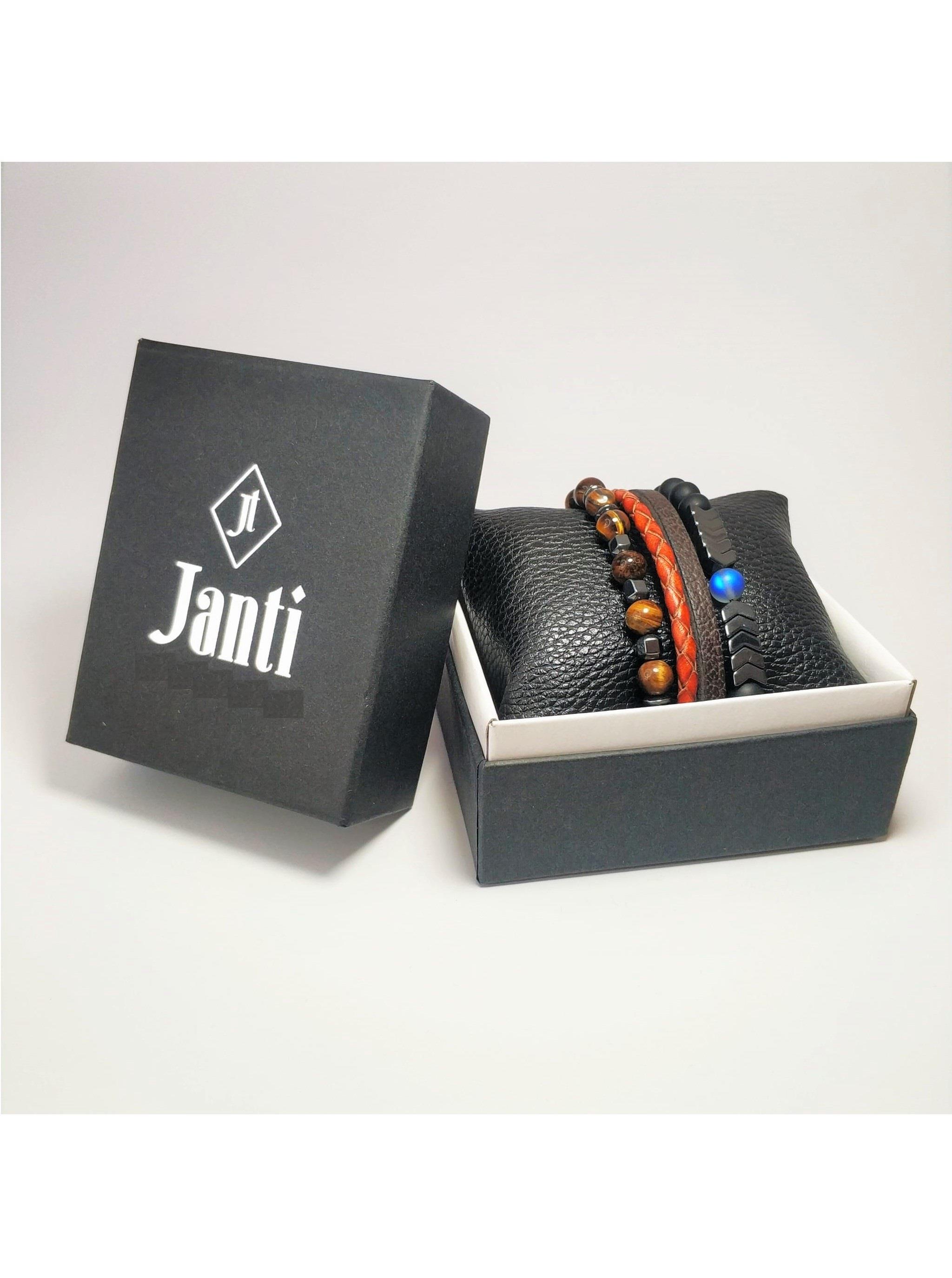 BileklikJTKB22004 Janti 3'lü Kombin Bileklik Hakiki Deri Orijinal Doğaltaş  Yastık KutuluJanti