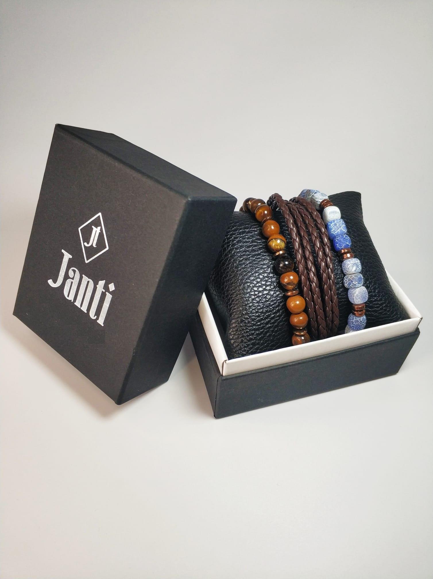 BileklikJTKB22012 Janti 3'lü Kombin Bileklik Orijinal Akik, Kaplangözü, Hematit Doğaltaş ve Deri Garantili KutuluJanti