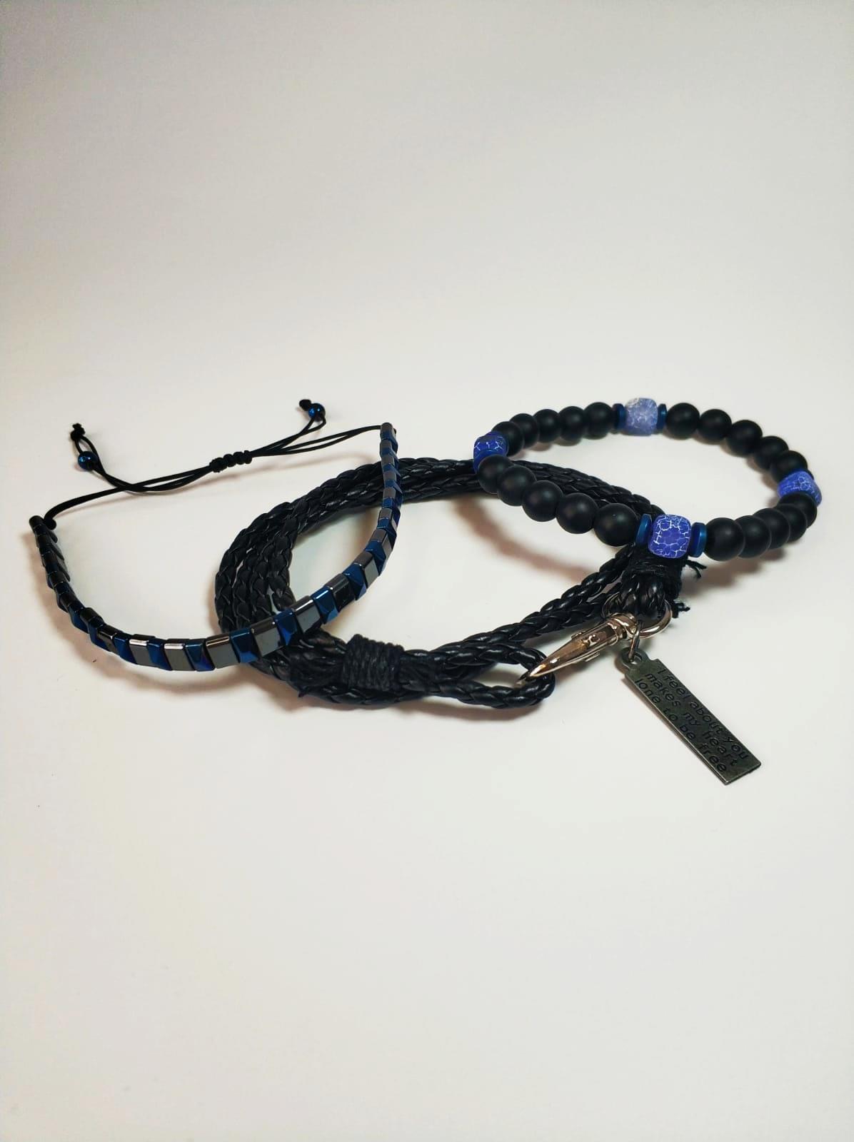 BileklikJTKB22016 Janti 3'lü Kombin Bileklik Deri Orijinal Akik Hematit Onyx Doğaltaş Garantili KutuluJanti