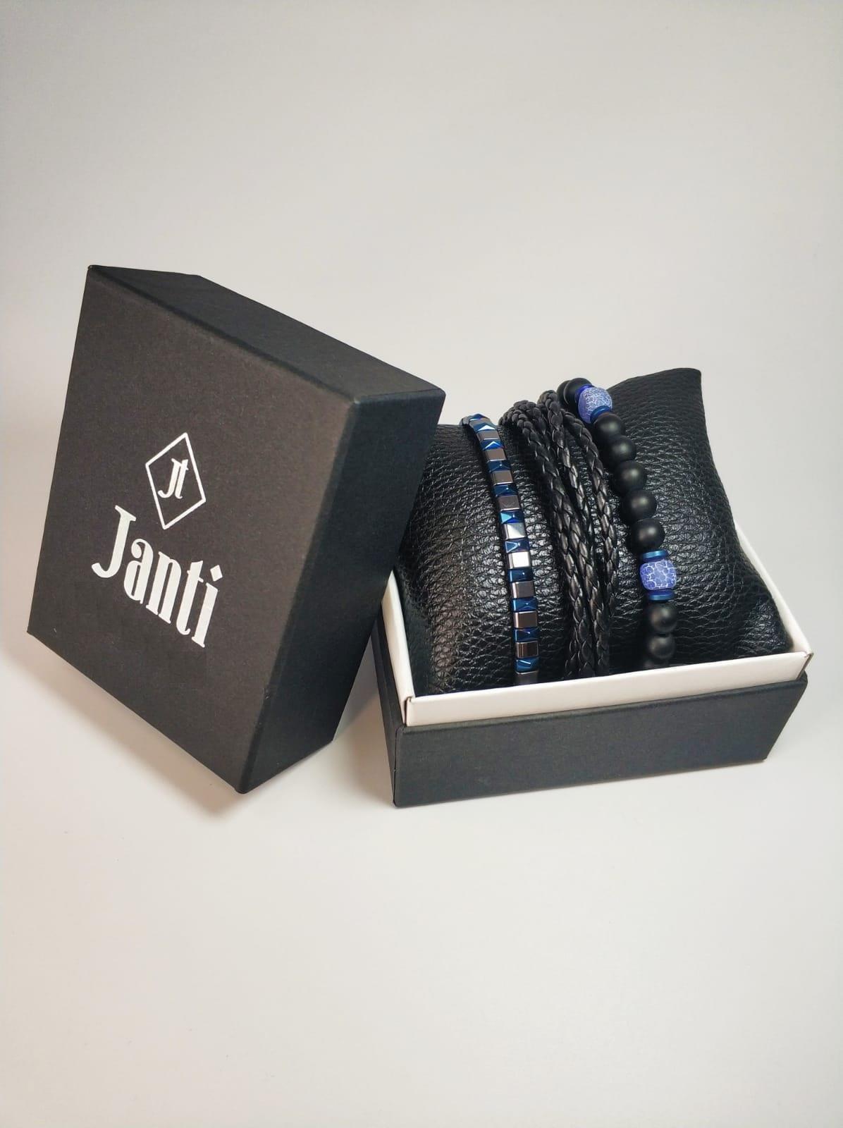 BileklikJTKB22016 Janti 3'lü Kombin Bileklik Deri Orijinal Akik Hematit Onyx Doğaltaş Garantili KutuluJanti