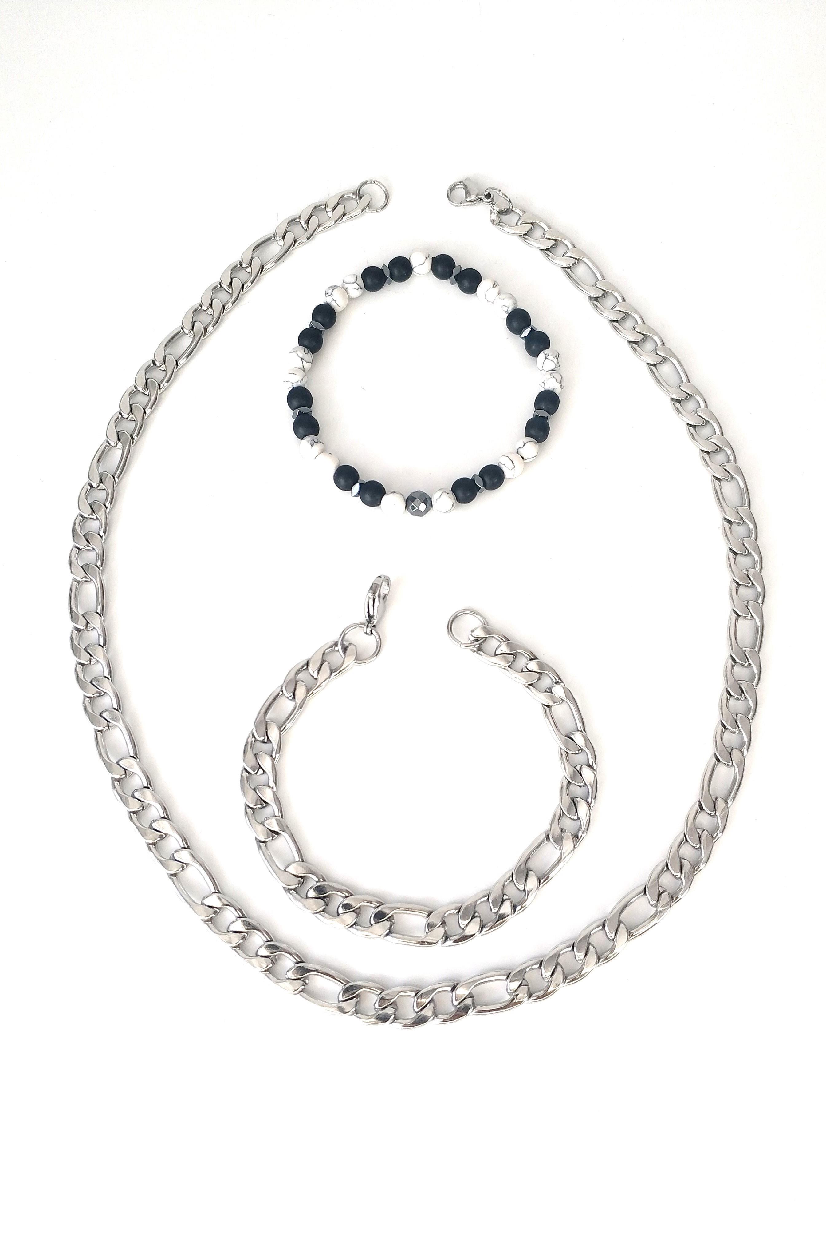 Çelik KolyeJTSS22KBK1001 ÇELİK KOLYE ve BİLEKLİK KOMBİNİ HAVLİT, HEMATİT ve ONYX DOĞALTAŞ ESNEK BİLEKLİK PASLANMAZ RENK ATMAZ GARANTİLİJanti