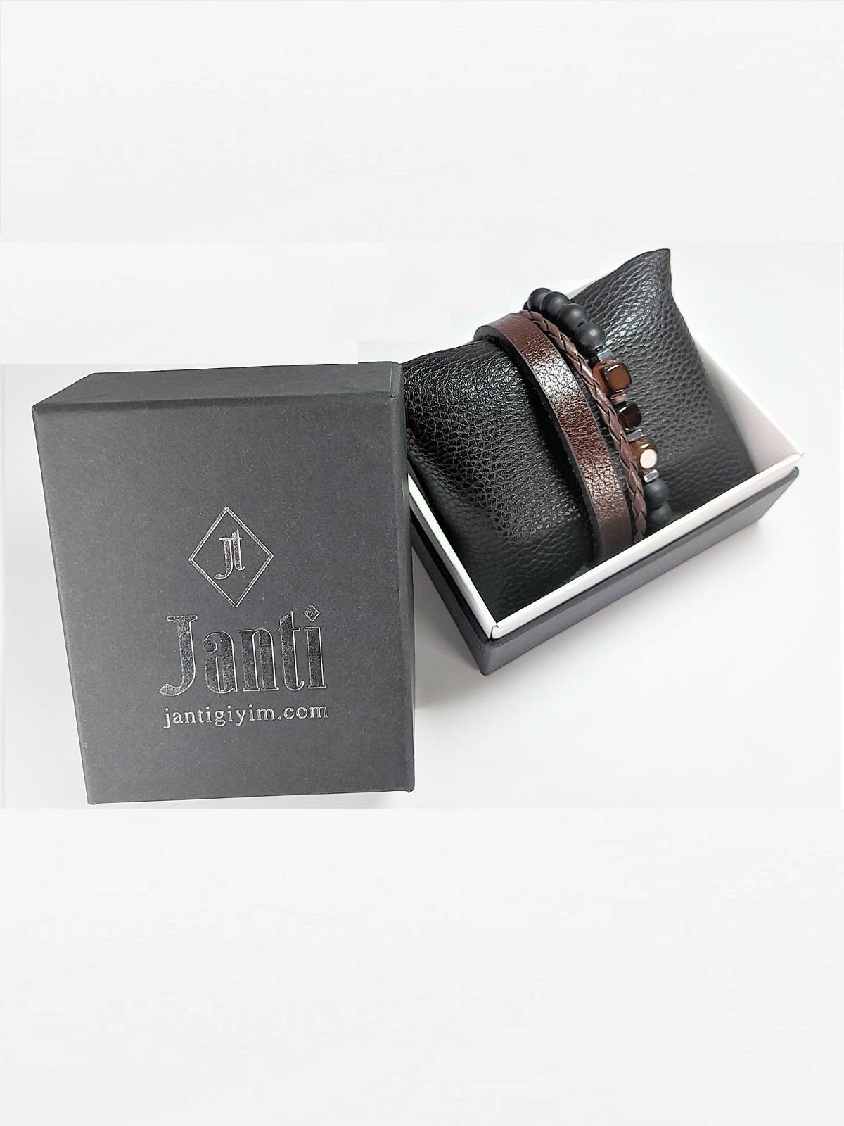 BileklikJTSS22KOB1093 JANTİ HAKİKİ DERİ MIKNATIS KAPAMA KÜP AKİK HEMATİT ONYX DOĞALTAŞ KOMBİN BİLEKLİK KUTULUJanti
