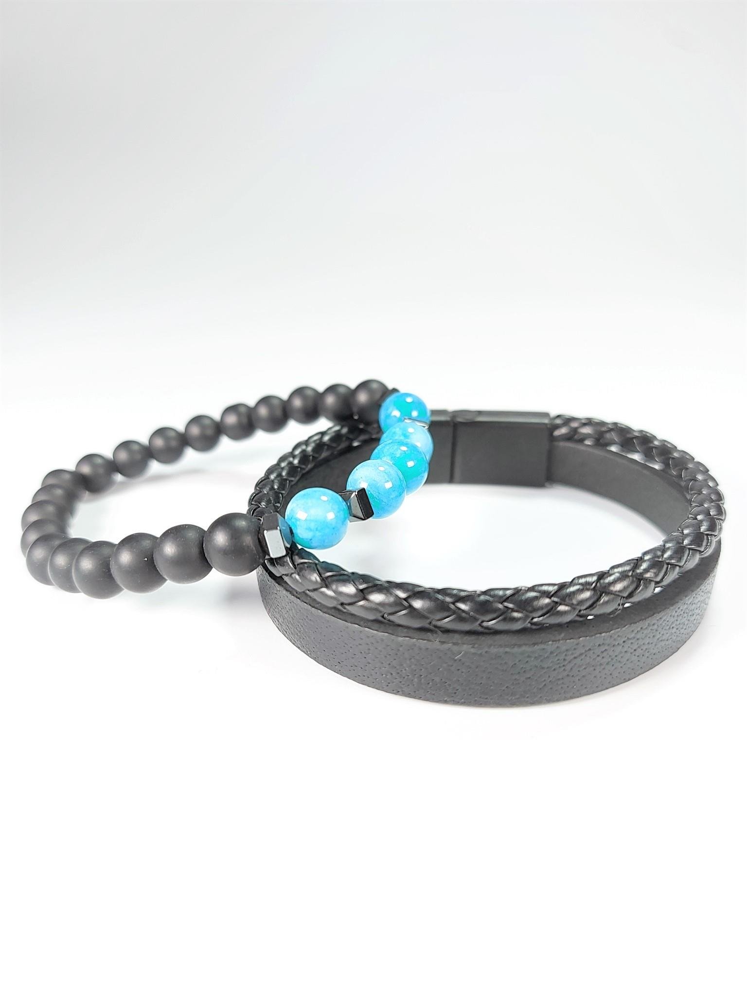 BileklikJTSS22KOB1101 JANTİ HAKİKİ DERİ MIKNATIS KAPAMA TURQUAZ HEMATİT ONYX DOĞALTAŞ KOMBİN BİLEKLİK KUTULUJanti