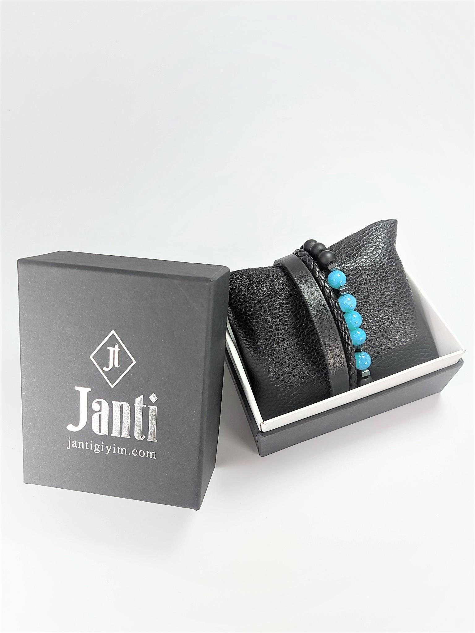 BileklikJTSS22KOB1101 JANTİ HAKİKİ DERİ MIKNATIS KAPAMA TURQUAZ HEMATİT ONYX DOĞALTAŞ KOMBİN BİLEKLİK KUTULUJanti