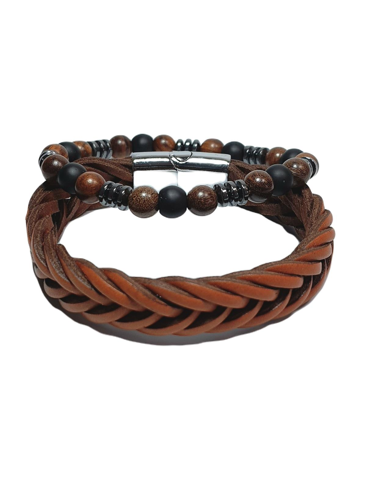 BileklikHAKİKİ DERİ MIKNATISLI ÇELİK KAPAMA ve ONYX MAZI AĞACI HEMATİT KOMBİN BİLEKLİK GARANTİLİ KUTULUJanti