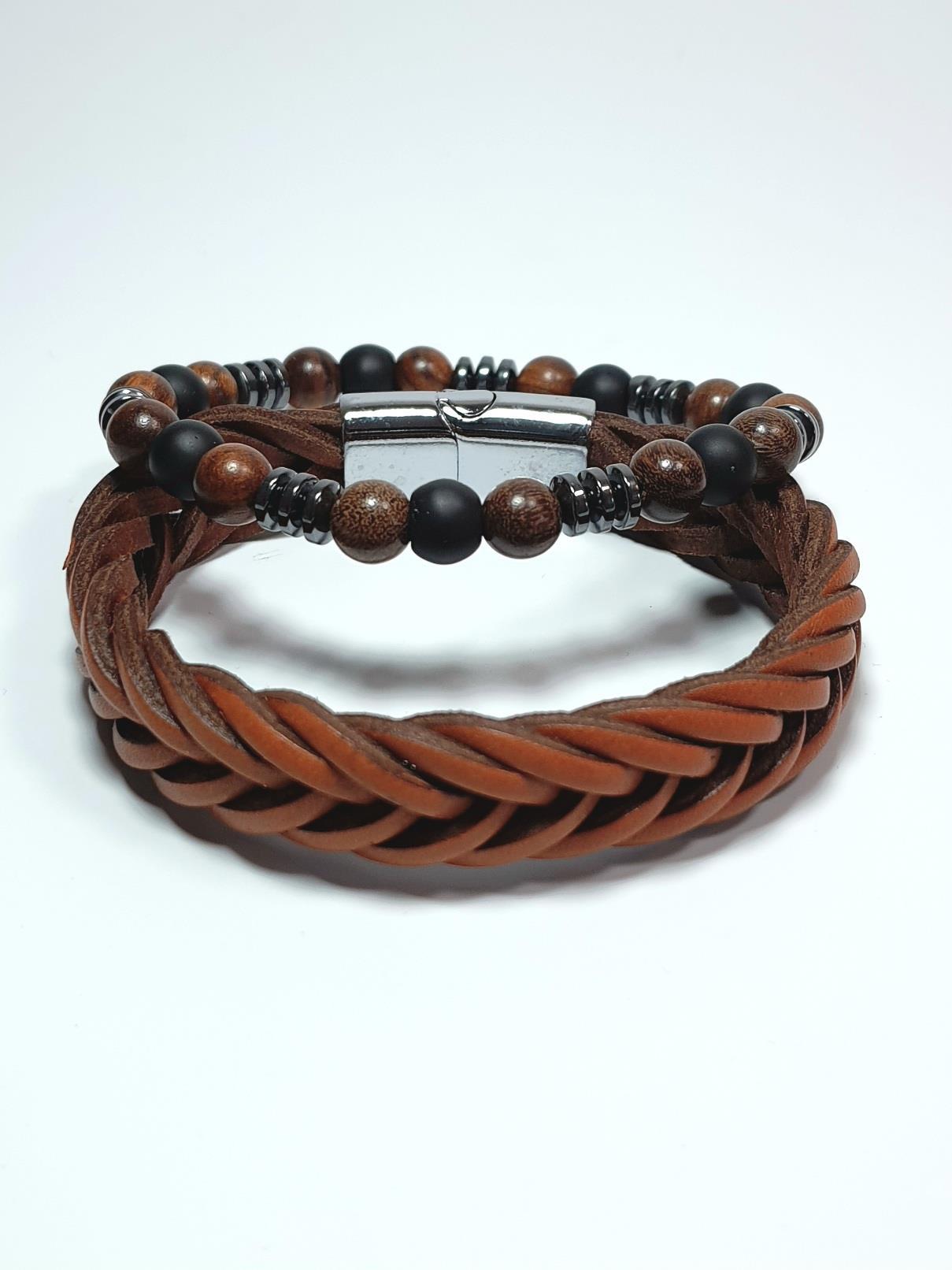 BileklikHAKİKİ DERİ MIKNATISLI ÇELİK KAPAMA ve ONYX MAZI AĞACI HEMATİT KOMBİN BİLEKLİK GARANTİLİ KUTULUJanti