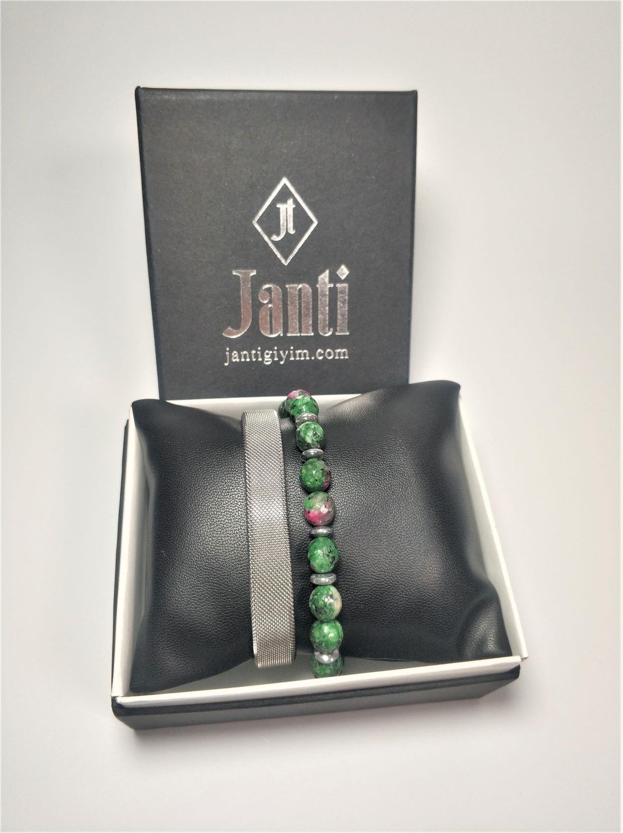 BileklikPASLANMAZ 316L ÇELİK ve YEŞİM HEMATİT DOĞALTAŞ KOMBİN BİLEKLİK GARANTİLİ KUTULUJanti