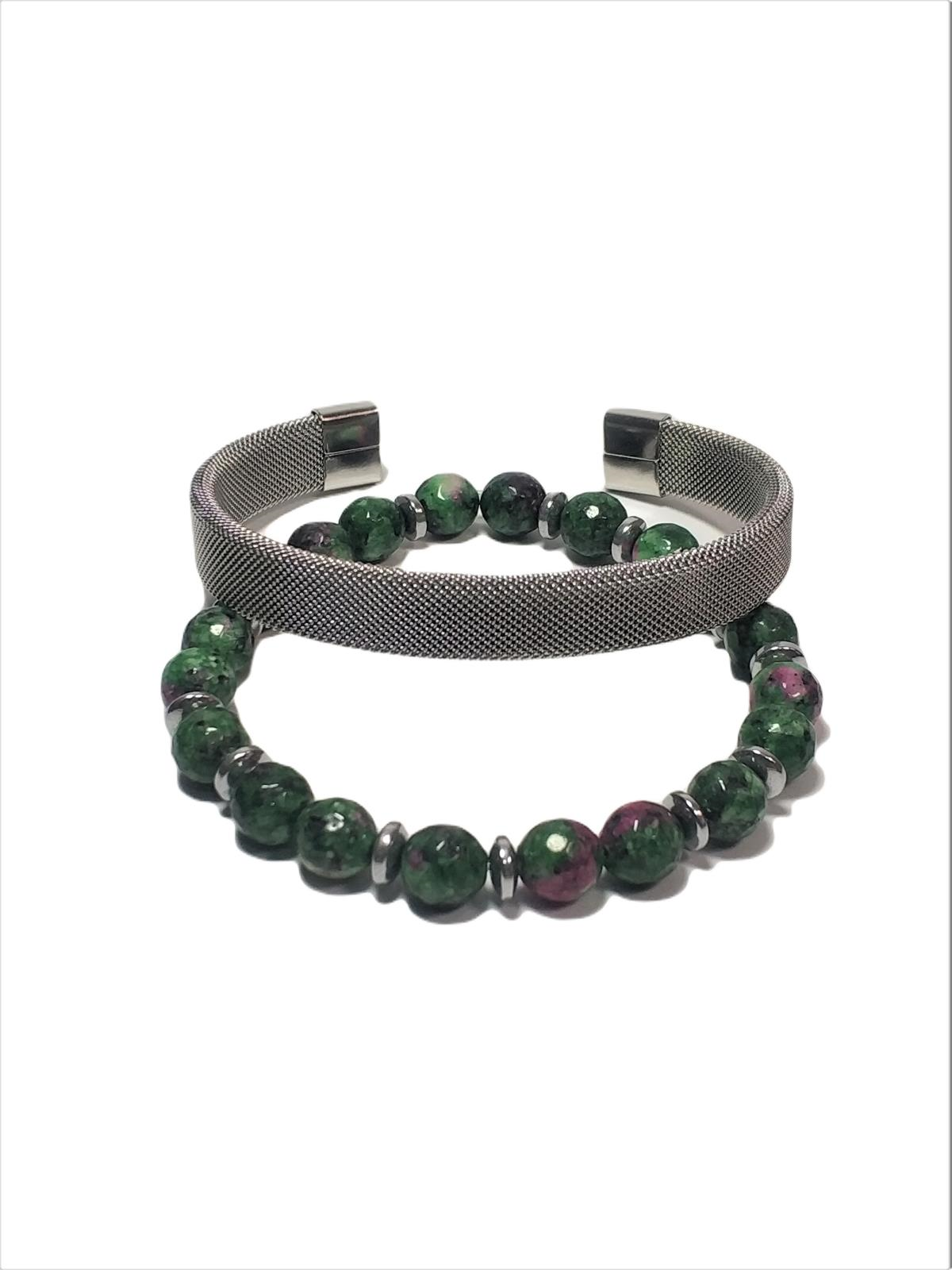 BileklikPASLANMAZ 316L ÇELİK ve YEŞİM HEMATİT DOĞALTAŞ KOMBİN BİLEKLİK GARANTİLİ KUTULUJanti