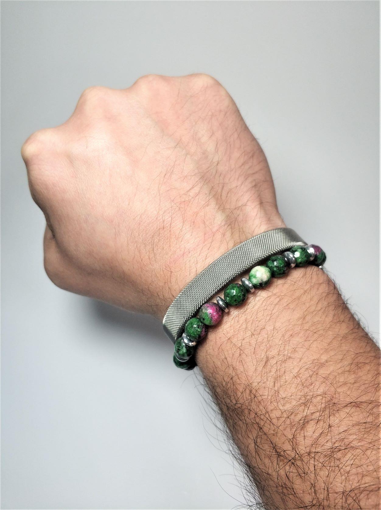 BileklikPASLANMAZ 316L ÇELİK ve YEŞİM HEMATİT DOĞALTAŞ KOMBİN BİLEKLİK GARANTİLİ KUTULUJanti