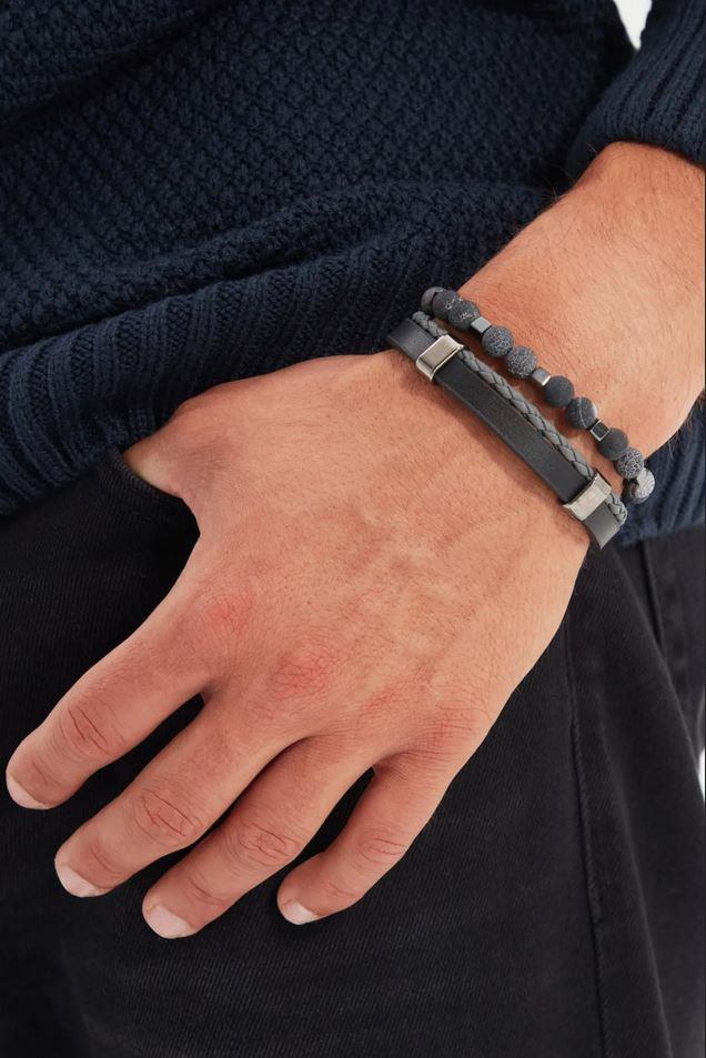 BileklikORİJİNAL AKİK HEMATİT DOĞALTAŞ ve DERİ BİLEKLİK KOMBİN GARANTİLİJanti