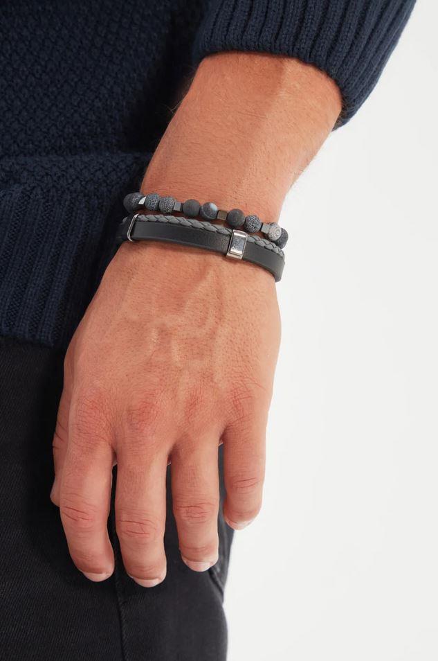 BileklikORİJİNAL AKİK HEMATİT DOĞALTAŞ ve DERİ BİLEKLİK KOMBİN GARANTİLİJanti