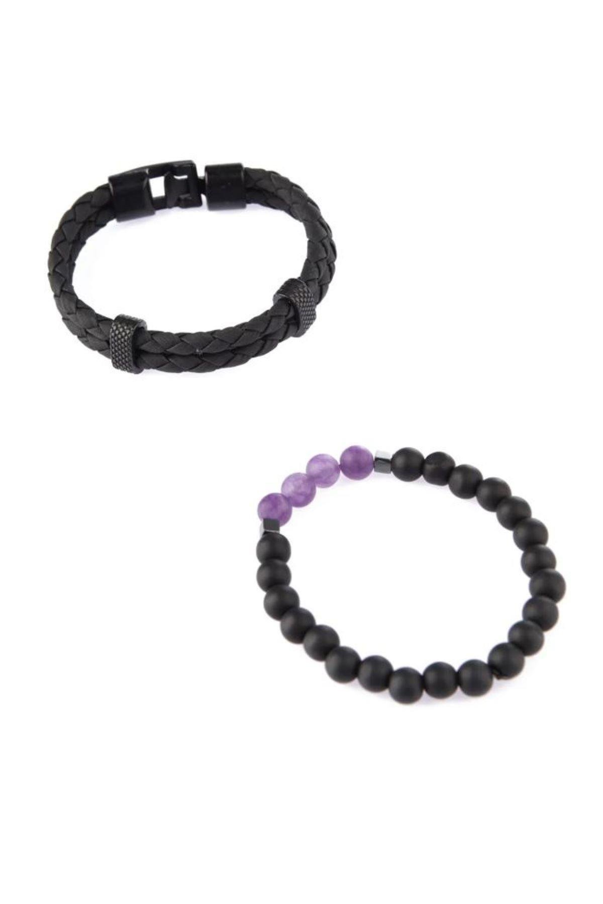 BileklikORİJİNAL AMETİST HEMATİT ONYX DOĞALTAŞ ve DERİ BİLEKLİK GARANTİLİJanti