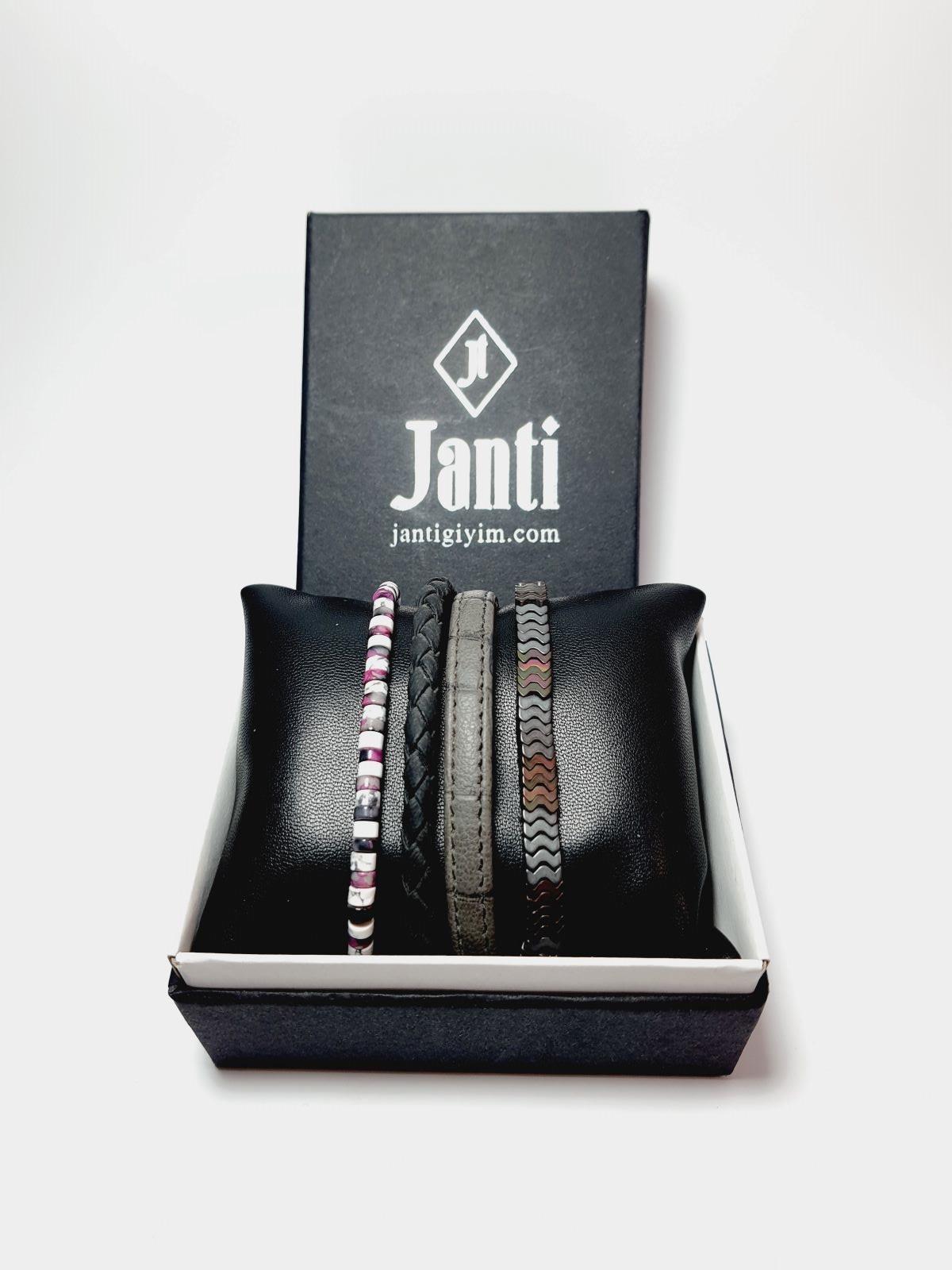 BileklikJTSS23KOB1275 JANTİ KOMBİN BİLEKLİK ORİJİNAL AKİK HAVLİT HEMATİT DOĞALTAŞ PU DERİJanti