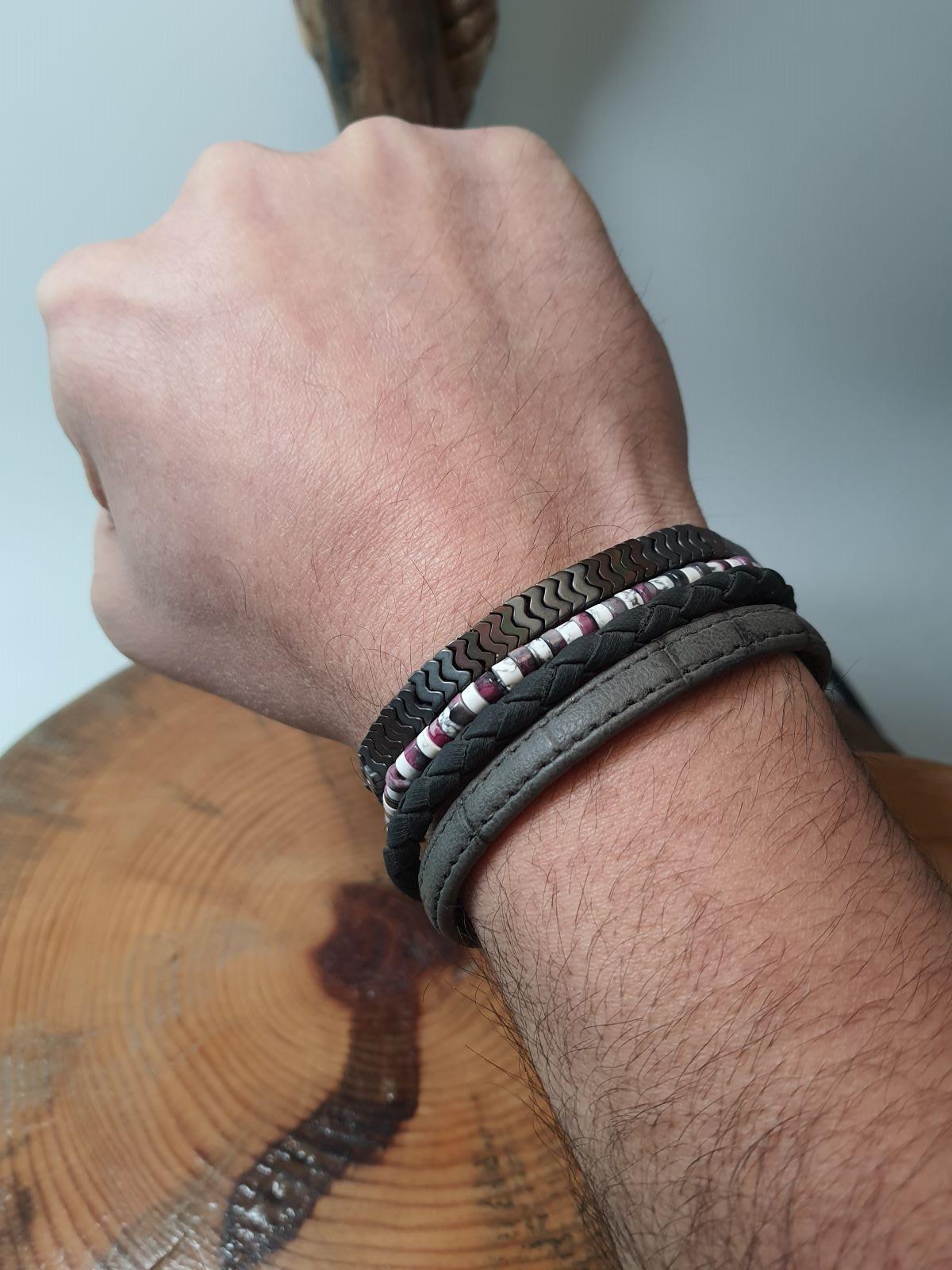 BileklikJTSS23KOB1275 JANTİ KOMBİN BİLEKLİK ORİJİNAL AKİK HAVLİT HEMATİT DOĞALTAŞ PU DERİJanti