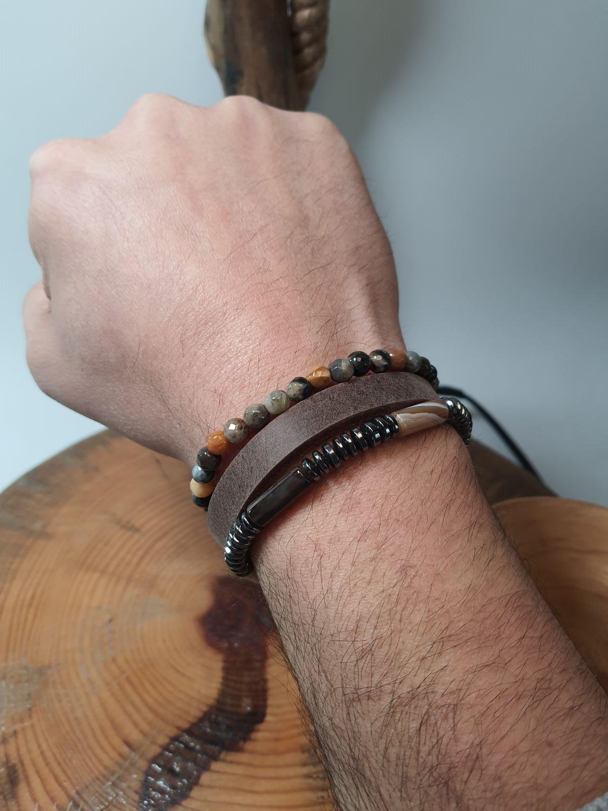 BileklikJTSS23KOB1276 JANTİ KOMBİN BİLEKLİK ORİJİNAL TİBET AKİK FASETLİ HEMATİT DOĞALTAŞ HAKİKİ DERİJanti