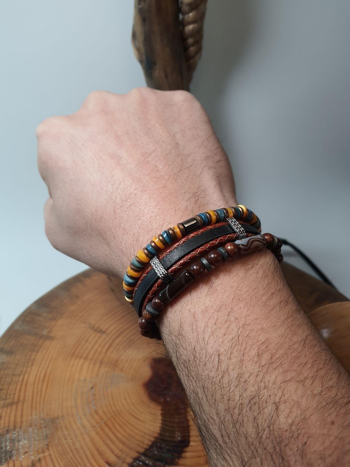 BileklikJTSS23KOB1277 JANTİ KOMBİN BİLEKLİK ORİJİNAL MAZI AĞACI BORU AKİK HEMATİT SEDEF DOĞALTAŞ HAKİKİ DERİJanti