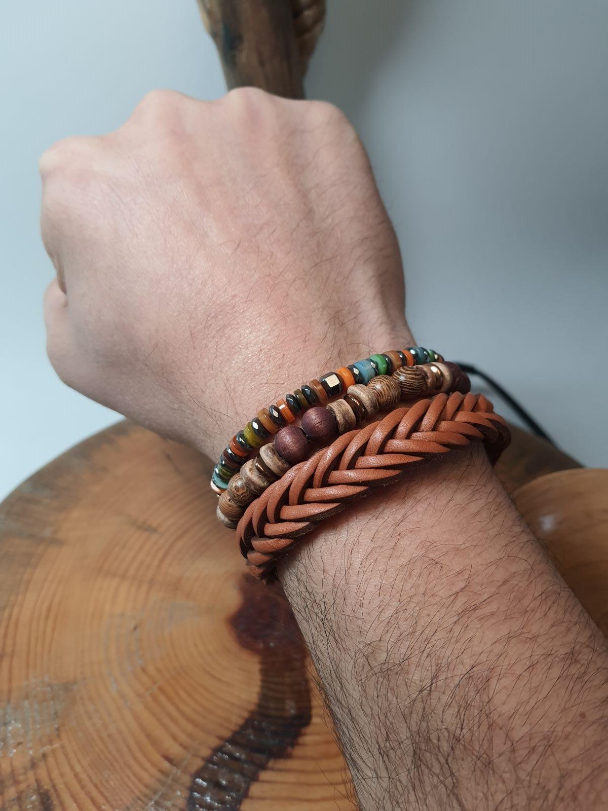 BileklikJTSS23KOB1278 JANTİ KOMBİN BİLEKLİK ORİJİNAL MAZI AĞACI HEMATİT SEDEF DOĞALTAŞ HAKİKİ DERİ PASLAMAZ ÇELİKJanti