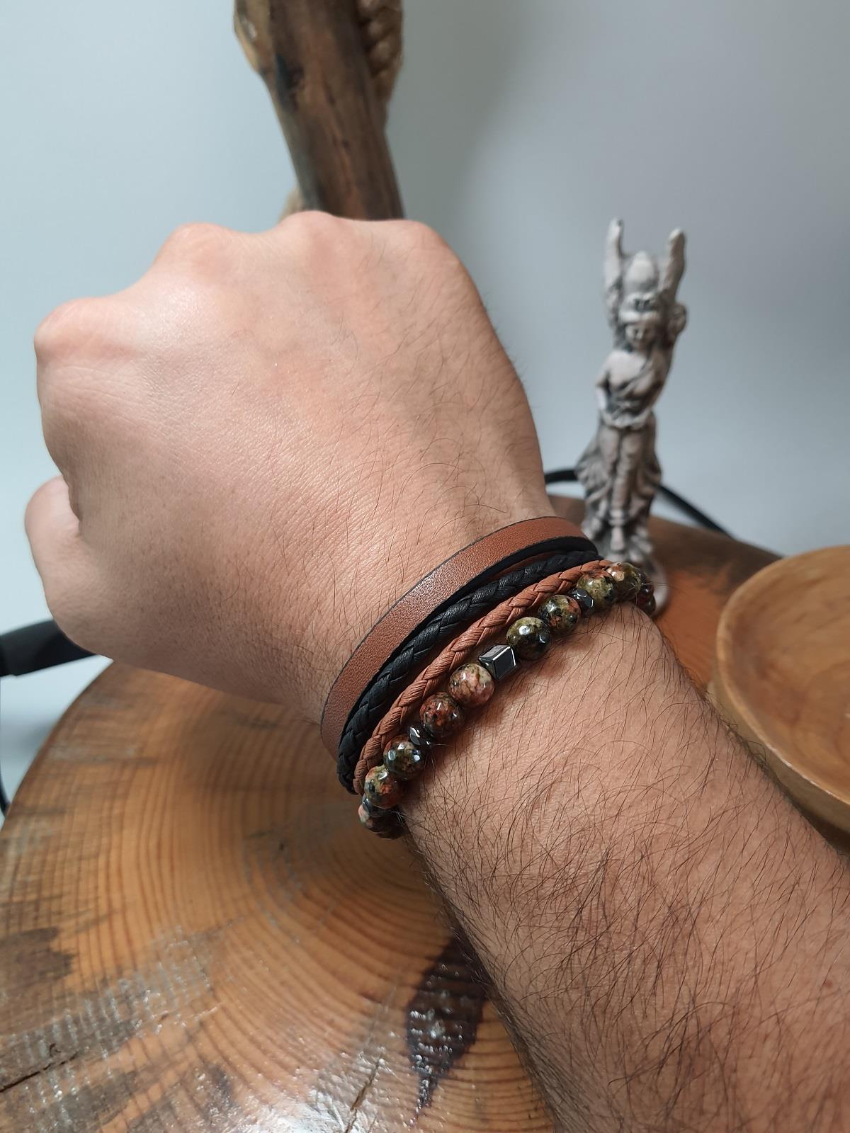 BileklikJTSS23KOB1302 JANTİ 2'Lİ KOMBİN BİLEKLİK  JADE HEMATİT DOĞAL TAŞ ve DERİ KUTULU GARANTİLİJanti