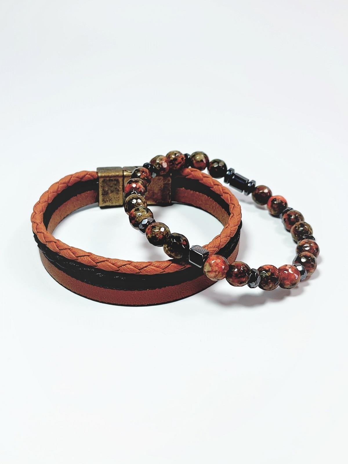 BileklikJTSS23KOB1302 JANTİ 2'Lİ KOMBİN BİLEKLİK  JADE HEMATİT DOĞAL TAŞ ve DERİ KUTULU GARANTİLİJanti