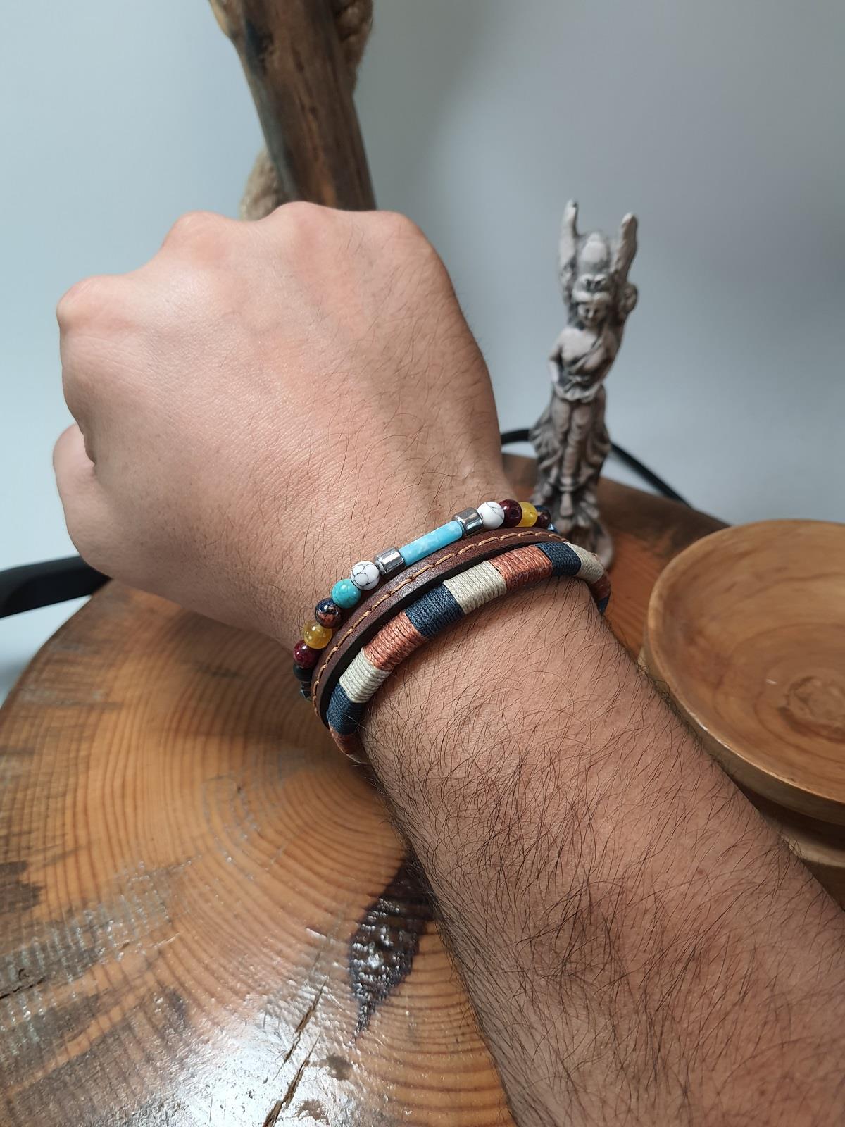 BileklikJTSS23KOB1304 JANTİ 2'Lİ KOMBİN BİLEKLİK AKİK HAVLİT JADE TURKUAZ HEMATİT DOĞAL TAŞ ve DERİ KUTULU GARANTİLİJanti