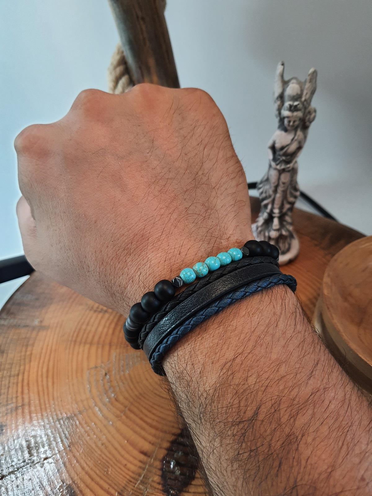 BileklikJTSS23KOB1311 JANTİ 2'Lİ KOMBİN BİLEKLİK TURKUAZ ONYX HEMATİT DOĞALTAŞ ve DERİ KUTULU GARANTİLİJanti