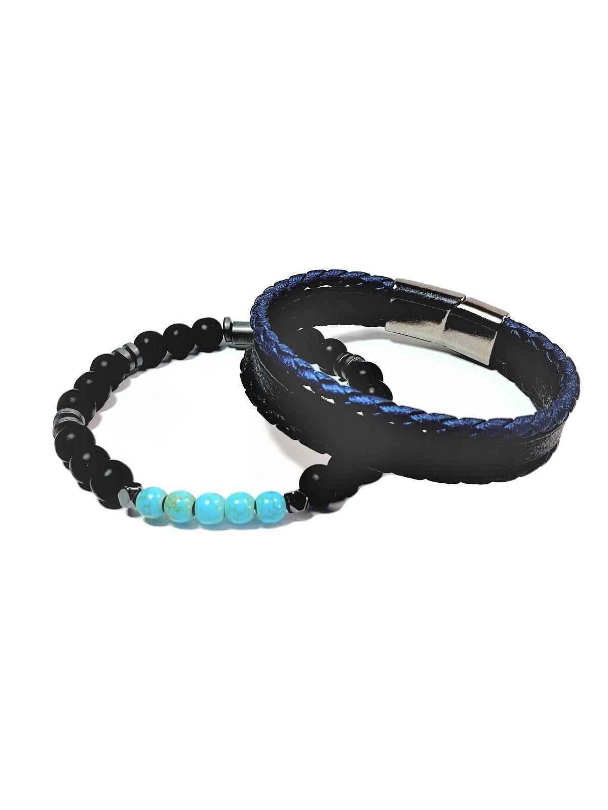 BileklikJTSS23KOB1311 JANTİ 2'Lİ KOMBİN BİLEKLİK TURKUAZ ONYX HEMATİT DOĞALTAŞ ve DERİ KUTULU GARANTİLİJanti