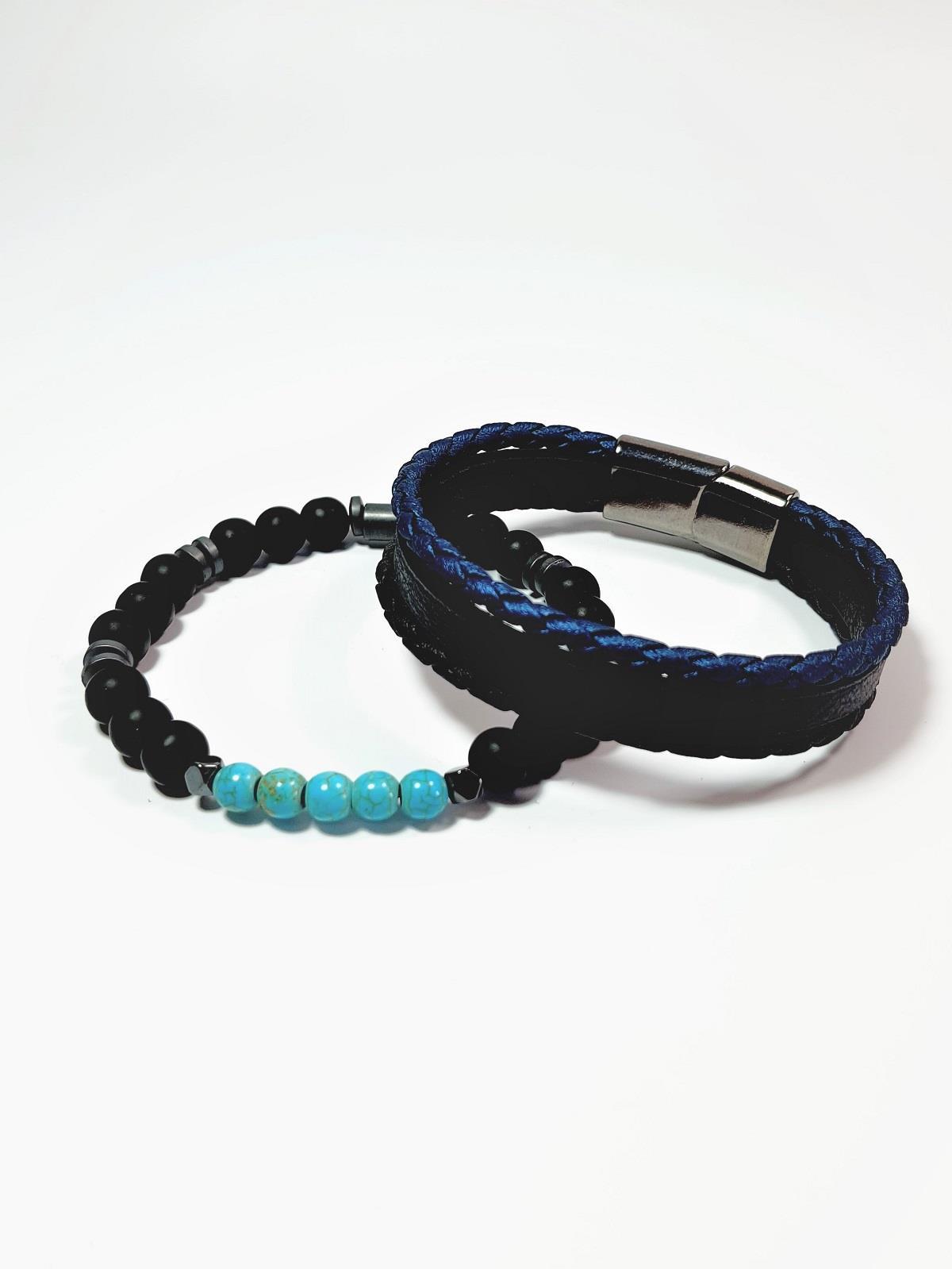 BileklikJTSS23KOB1311 JANTİ 2'Lİ KOMBİN BİLEKLİK TURKUAZ ONYX HEMATİT DOĞALTAŞ ve DERİ KUTULU GARANTİLİJanti