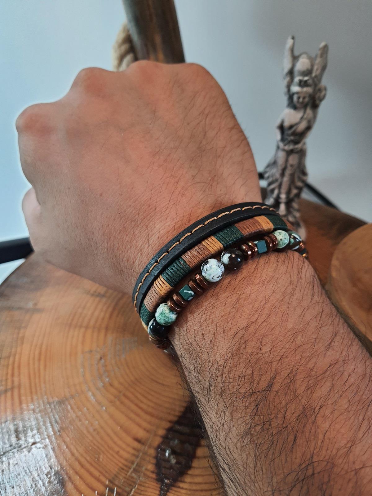 BileklikJTSS23KOB1314 JANTİ 2'Lİ KOMBİN BİLEKLİK AKİK HEMATİT DOĞALTAŞ ve DERİ KUTULU GARANTİLİJanti