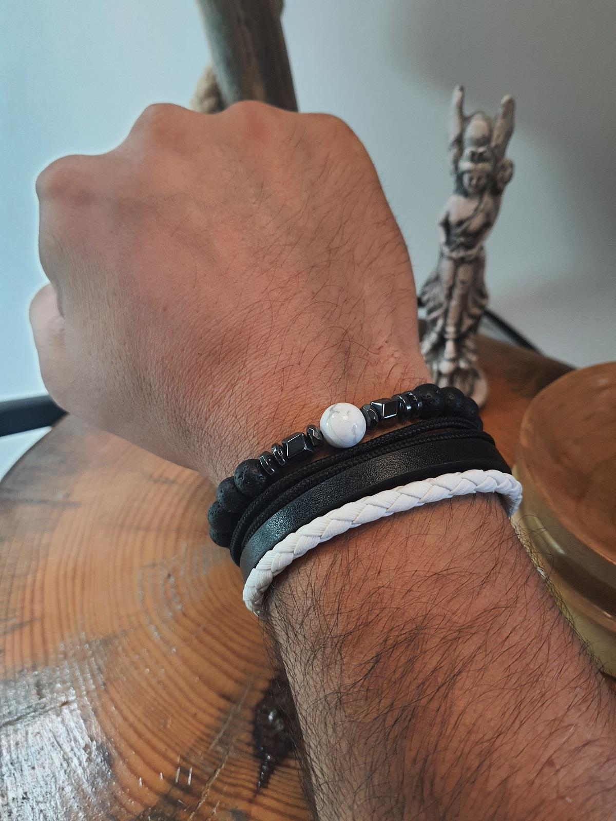 BileklikJTSS23KOB1323 JANTİ 2'Lİ KOMBİN BİLEKLİK HAVLİT HEMATİT LAV DOĞALTAŞ ve DERİ KUTULU GARANTİLİJanti