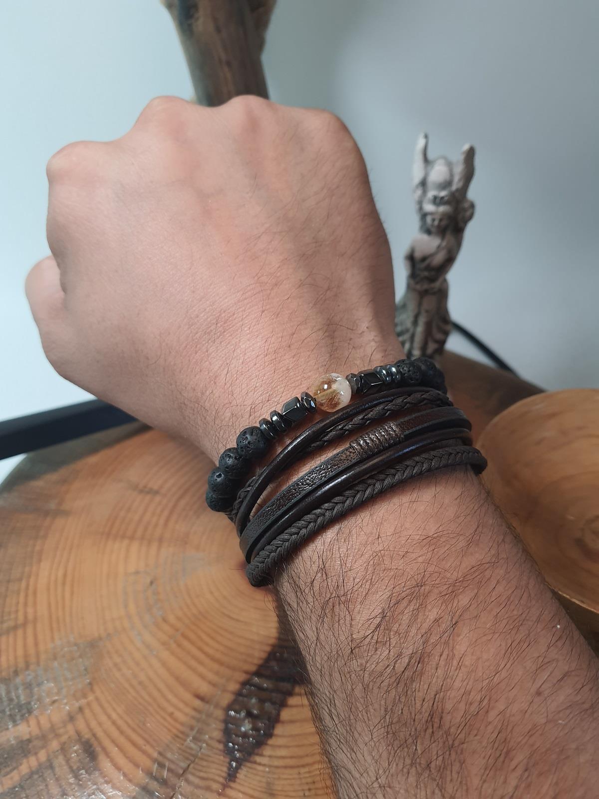 BileklikJTSS23KOB1328 JANTİ 2'Lİ KOMBİN BİLEKLİK SİTRİN HEMATİT LAV DOĞALTAŞ ve DERİ KUTULU GARANTİLİJanti