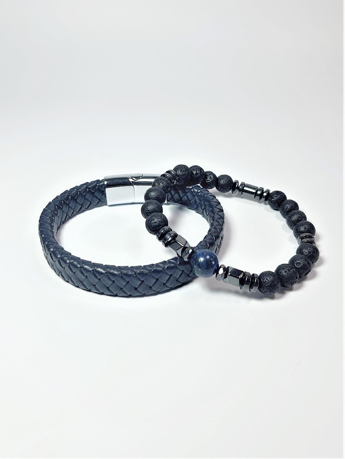 BileklikJTSS23KOB1331 JANTİ 2'Lİ KOMBİN BİLEKLİK LAPİS LAZULİ HEMATİT LAV DOĞALTAŞ ve DERİ KUTULU GARANTİLİJanti